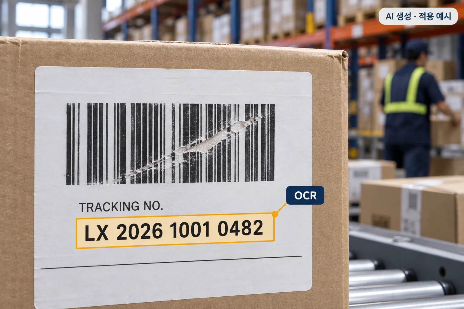 AI-generated logistics example with an OCR region highlighting the tracking number below a damaged shipping barcode