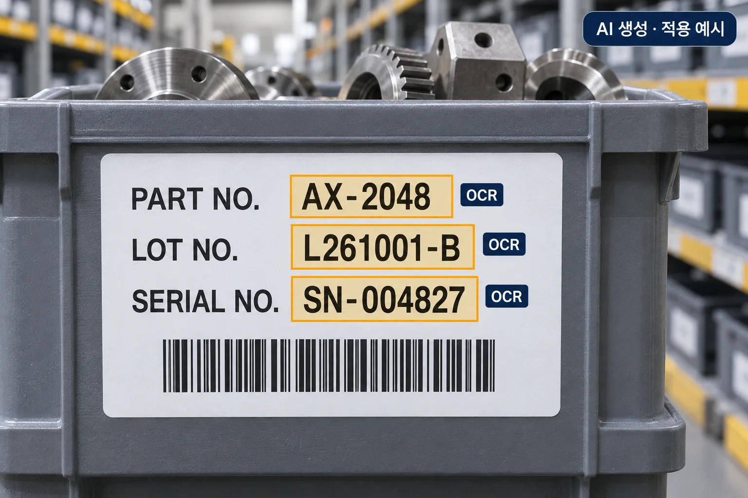 AI-generated manufacturing warehouse example highlighting printed part, lot, and serial numbers as separate OCR regions